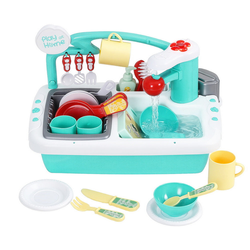 Keezi Kids Kitchen Play Set Play Pretend Sink Dishwasher Toys Green-3