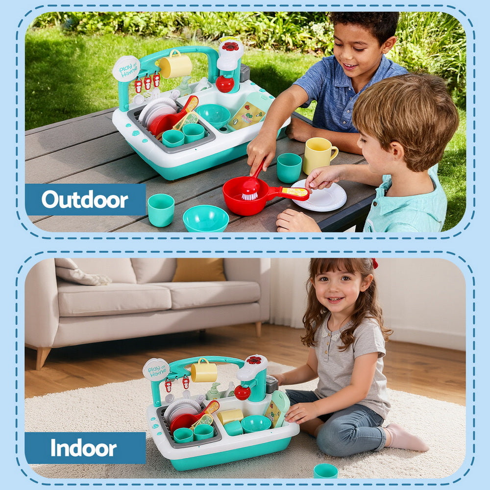 Keezi Kids Kitchen Play Set Play Pretend Sink Dishwasher Toys Green-7