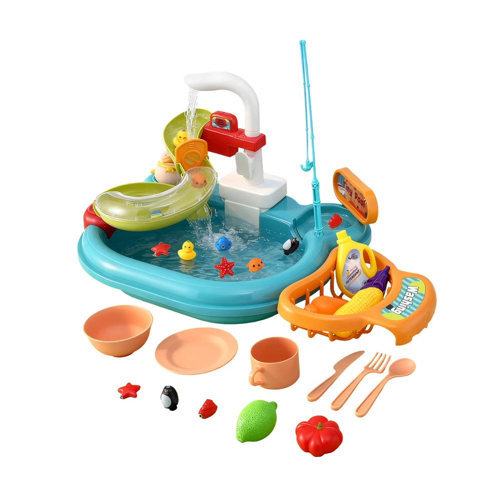 Keezi Kids Pretend Play Kitchen Sink with Faucet Floating Fishing Toys Play food-1