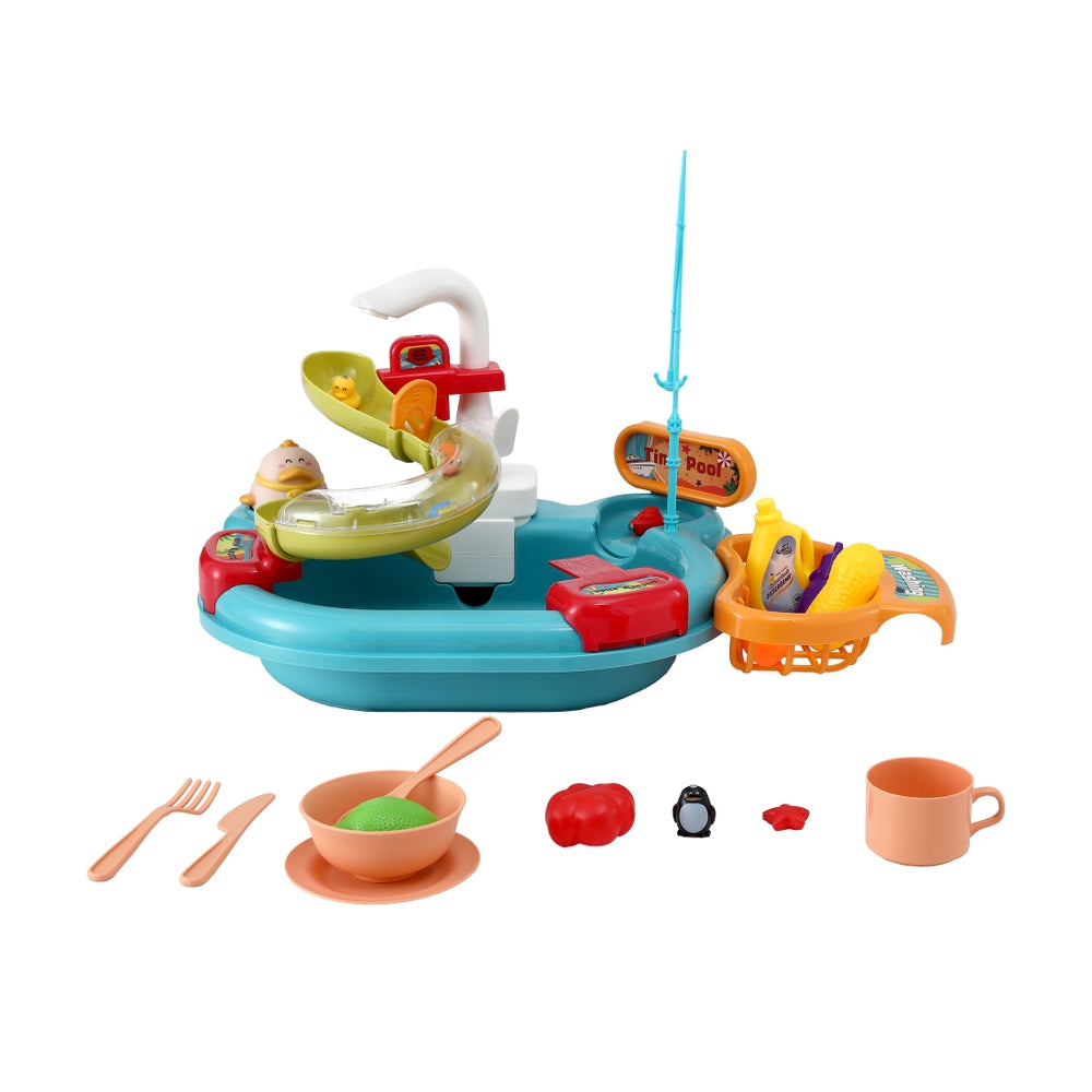 Keezi Kids Pretend Play Kitchen Sink with Faucet Floating Fishing Toys Play food-3