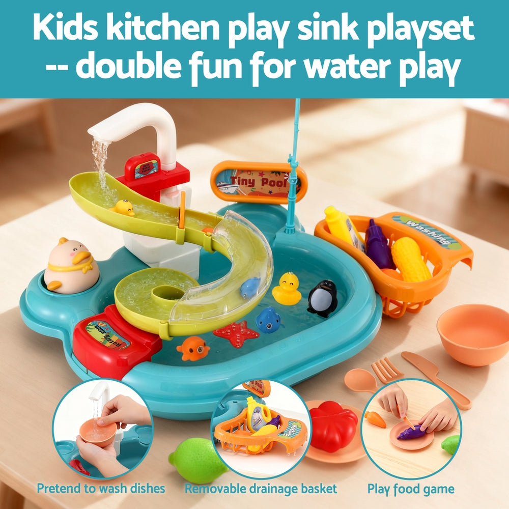 Keezi Kids Pretend Play Kitchen Sink with Faucet Floating Fishing Toys Play food-4