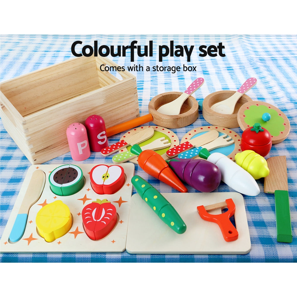 Keezi Kids Kitchen Play Set Wooden Pretend Toys Cooking Utensils Pots Pans Food-3