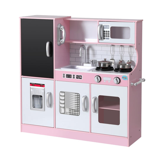 Keezi Kids Wooden Pretend Kitchen Play Set Cooking Toys Pot Ice Cup Oven Blackboard 80CM Pink-0