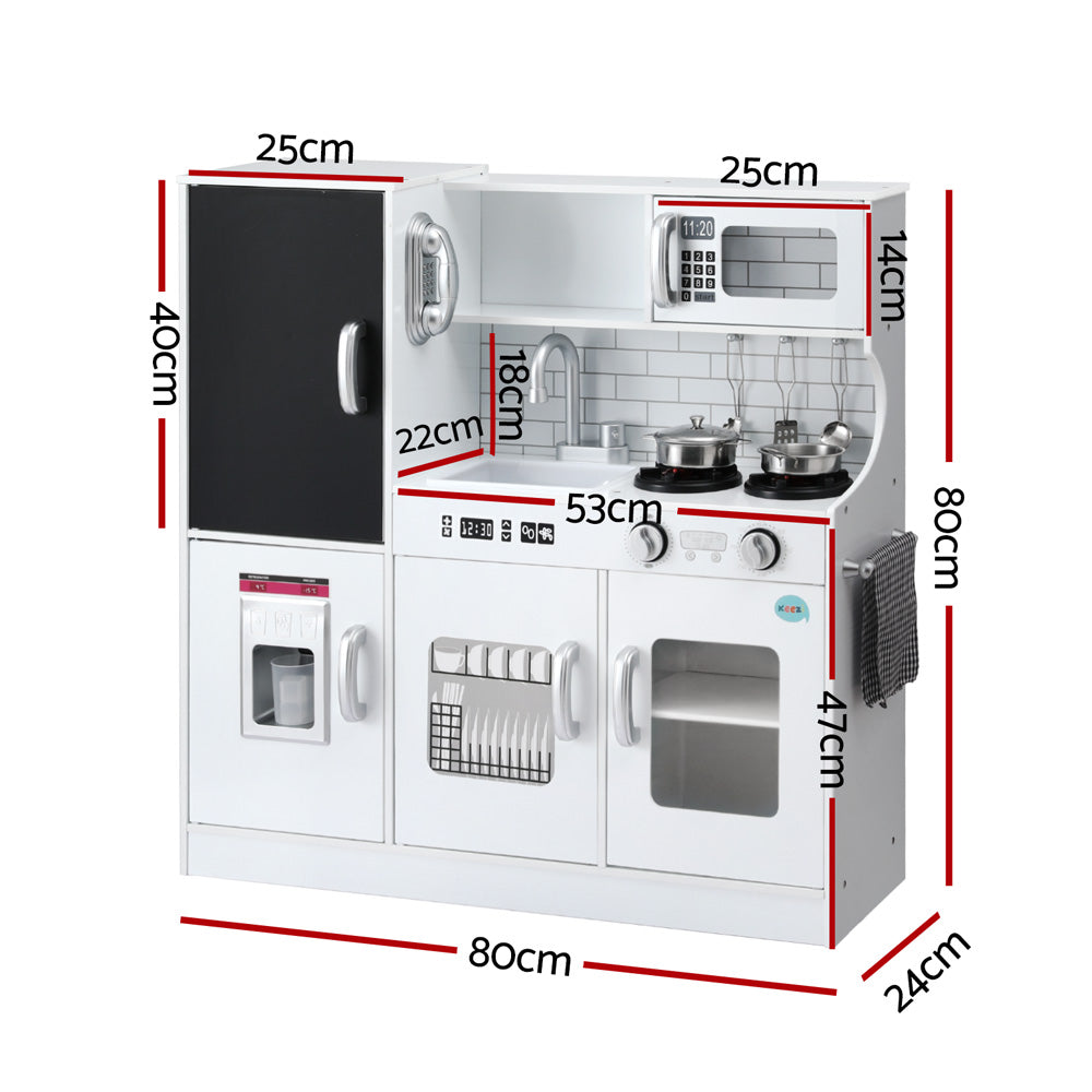 Keezi Kids Wooden Pretend Kitchen Play Set Cooking Toys Pot Ice Cup Oven Blackboard 80CM White-1