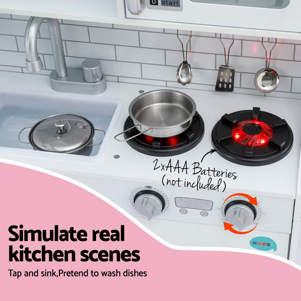 Keezi Kids Wooden Pretend Kitchen Play Set Cooking Toys Pot Ice Cup Oven Blackboard 80CM White-3