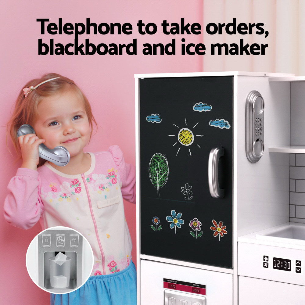 Keezi Kids Wooden Pretend Kitchen Play Set Cooking Toys Pot Ice Cup Oven Blackboard 80CM White-4