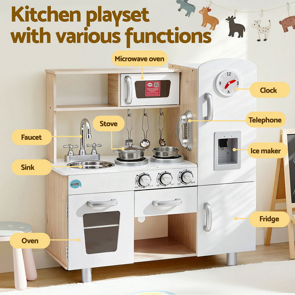 Keezi Kids Kitchen Play Set Wooden Pretend Toys Cooking Children Clock Beige-4
