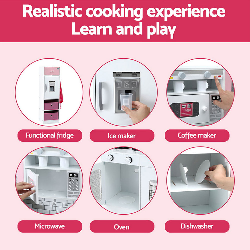 Keezi Kids Kitchen Playset 2-Piece Wooden Pretend Play Coffee Maker Toy 100CM Pink-6