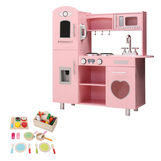 Keezi Kids Kitchen Play Set Wooden Pretend Toys Cooking Children Food Pink-0