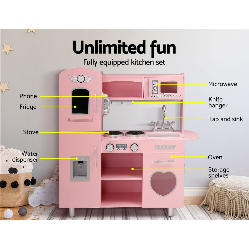Keezi Kids Kitchen Play Set Wooden Pretend Toys Cooking Children Food Pink-3