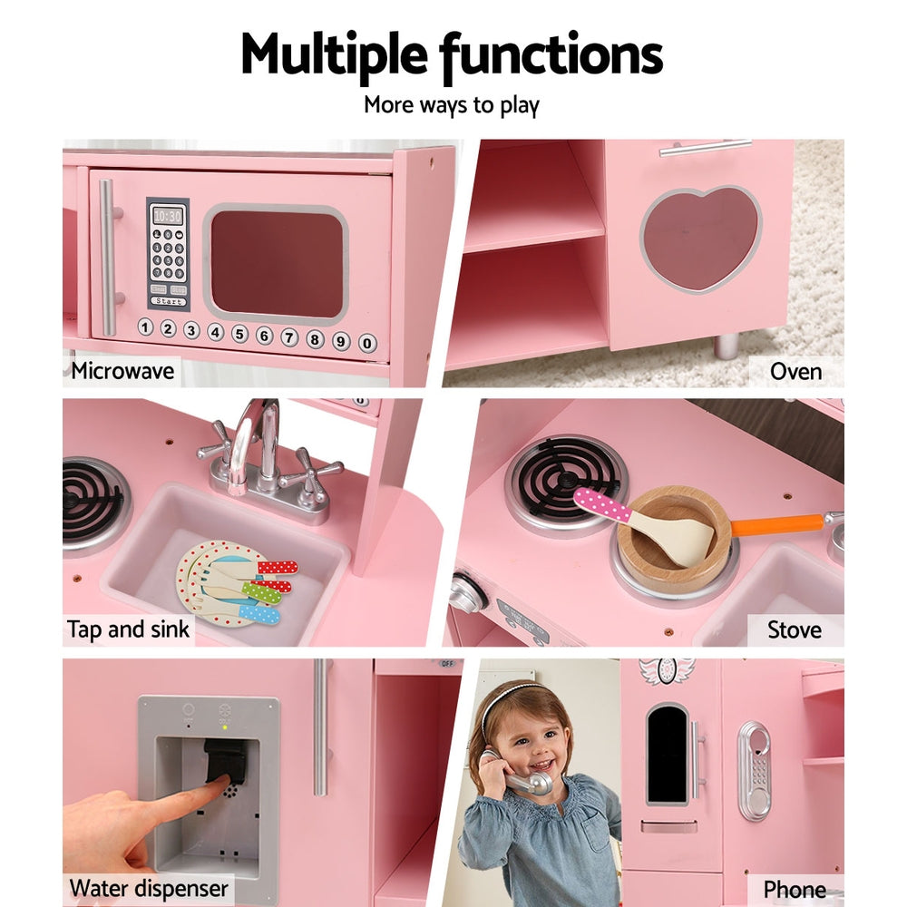 Keezi Kids Kitchen Play Set Wooden Pretend Toys Cooking Children Food Pink-5