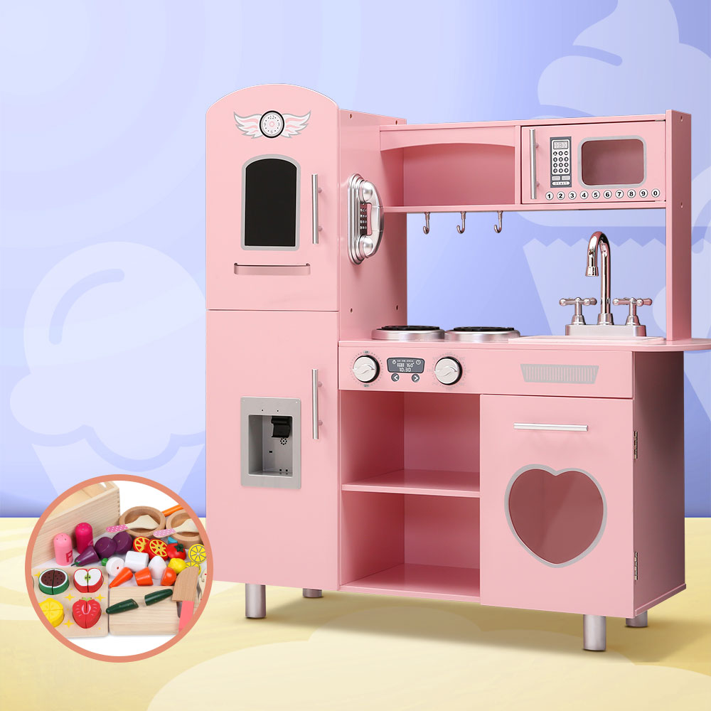 Keezi Kids Kitchen Play Set Wooden Pretend Toys Cooking Children Food Pink-7