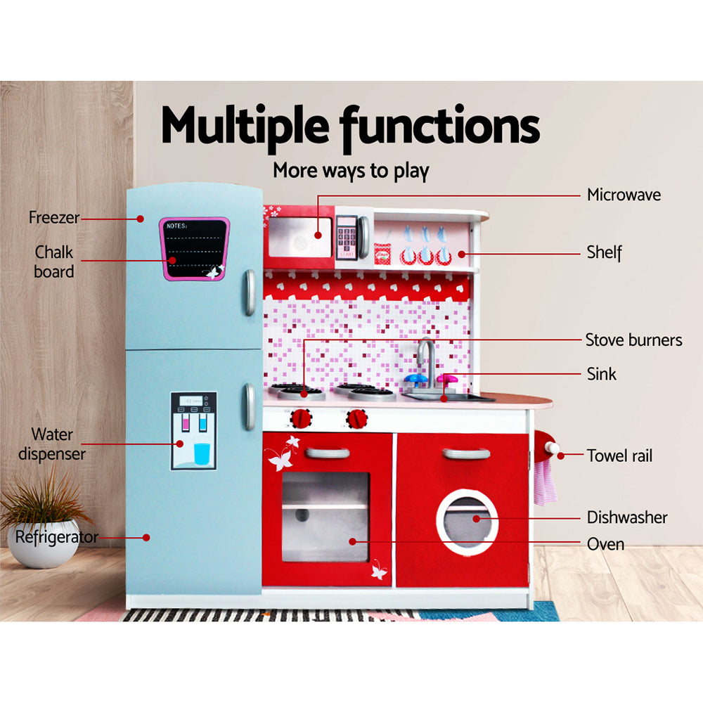 Keezi Kids Kitchen Play Set Wooden Pretend Toys Cooking Children Fridge Oven Red-2