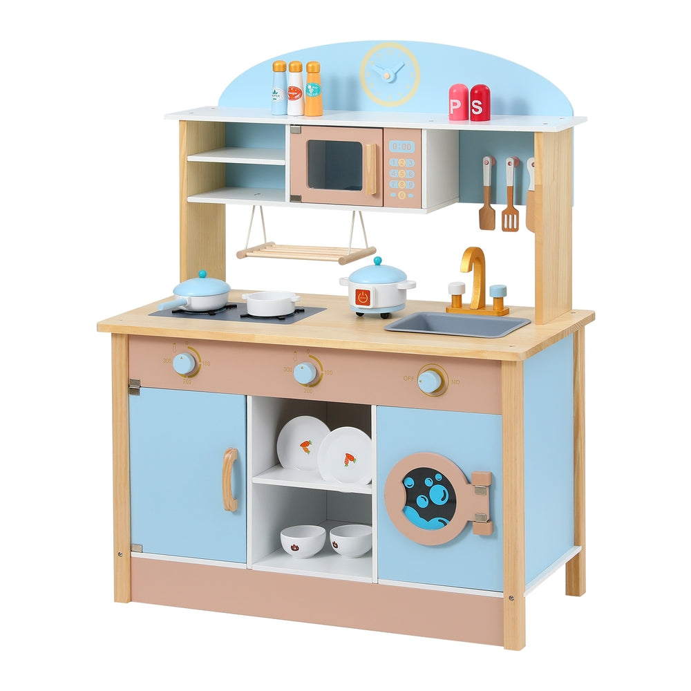 Keezi Kids Wooden Pretend Kitchen Play Sets Cooking Toys Pot Pan Bowls Oven Dishwasher 80CM Blue-0