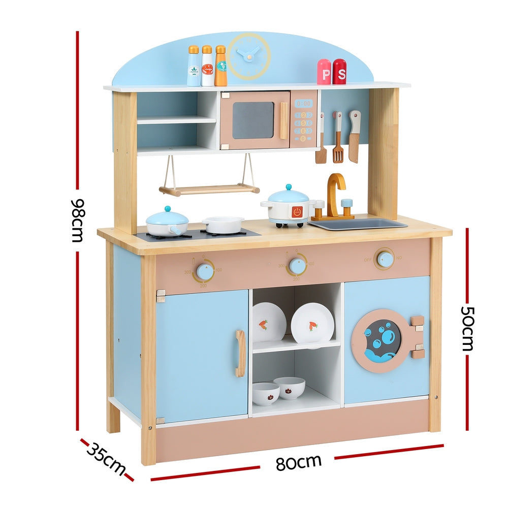 Keezi Kids Wooden Pretend Kitchen Play Sets Cooking Toys Pot Pan Bowls Oven Dishwasher 80CM Blue-1