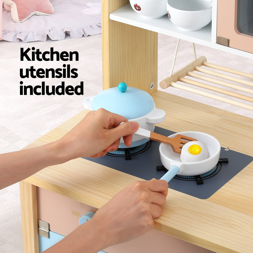 Keezi Kids Wooden Pretend Kitchen Play Sets Cooking Toys Pot Pan Bowls Oven Dishwasher 80CM Blue-3