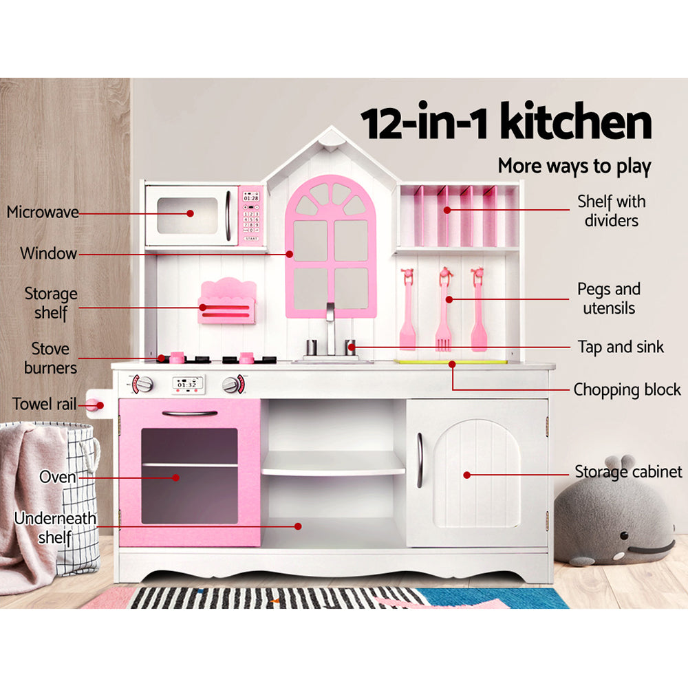 Keezi Kids Kitchen Play Set Wooden Pretend Toys Cooking Children Storage Cabinet-2