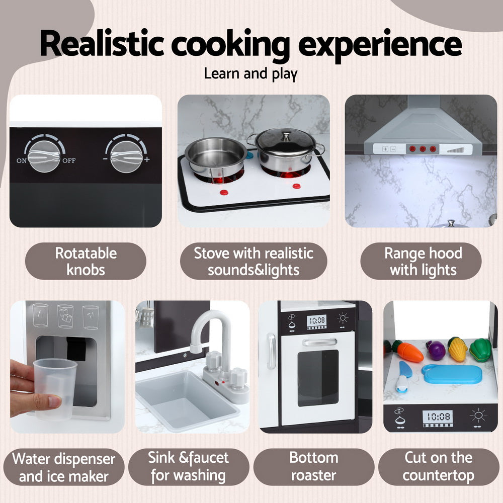 Keezi Kids Kitchen Play Set Wooden Pretend Cooking Playset w/Sounds Lights Black-4