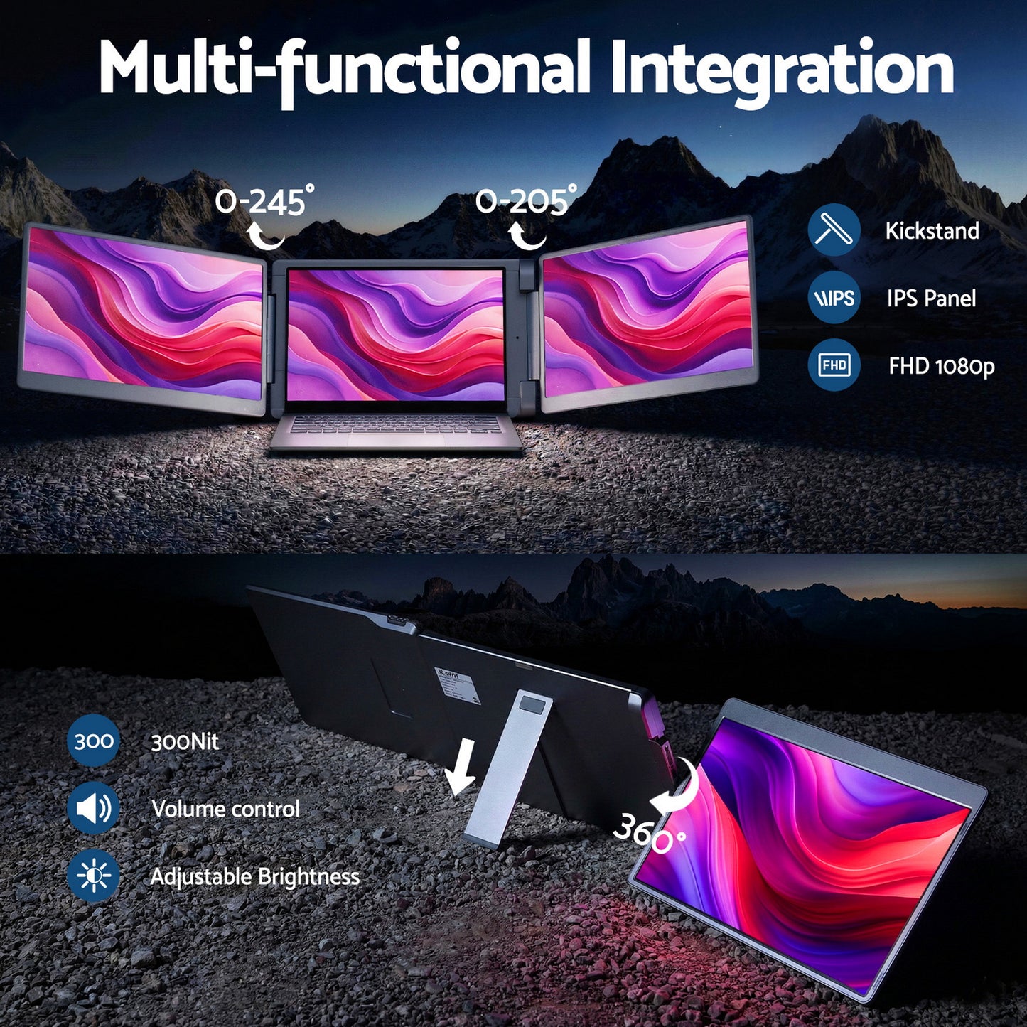 Devanti Triple Portable Monitor Laptop Screen Extender 15.6" Dual Display FHD IPS