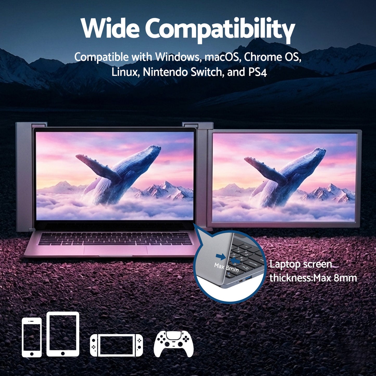 Devanti Portable Monitor Laptop Screen Extender Dual Display 1080P IPS USB C