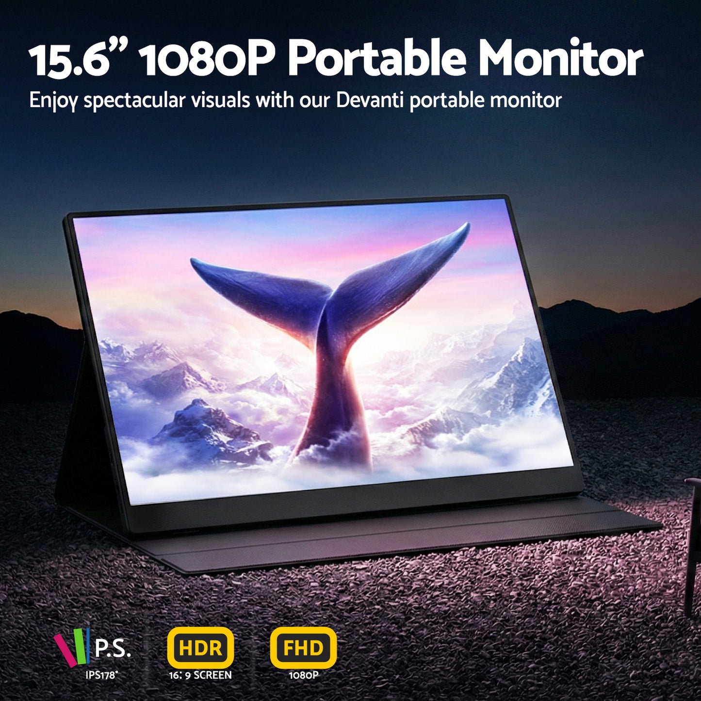 Devanti 15.6 Inch Portable Monitor FHD 1080P IPS USB-C HDMI Gaming Laptop Screen