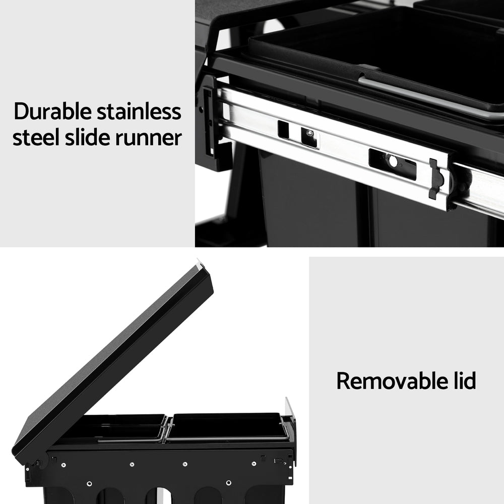 Cefito Pull Out Bin Kitchen Triple Slide Garbage Rubbish Bins Basket Blcak 31L-5