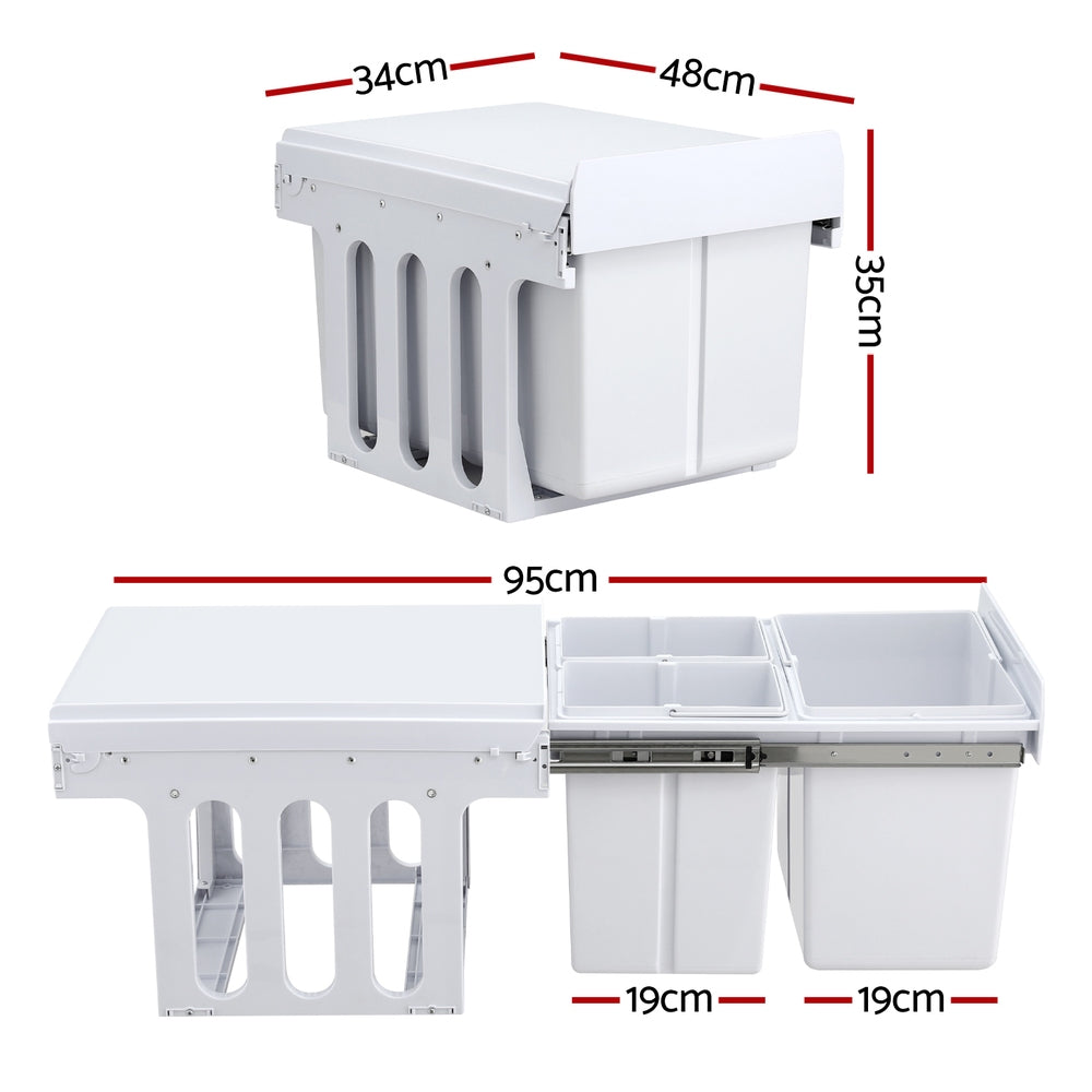Cefito Pull Out Bin Kitchen Triple Slide Garbage Rubbish Bins Basket White 31L-1