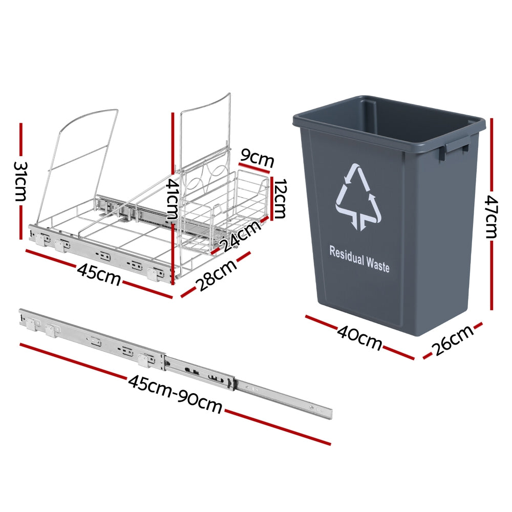 Cefito Pull Out Bin Kitchen Cabinet Slide Garbage Rubbish Bins Basket 40L Grey-1
