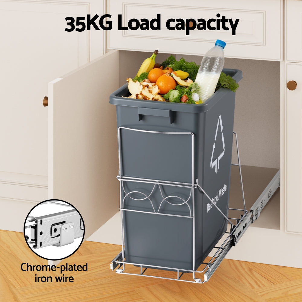 Cefito Pull Out Bin Kitchen Cabinet Slide Garbage Rubbish Bins Basket 40L Grey-5