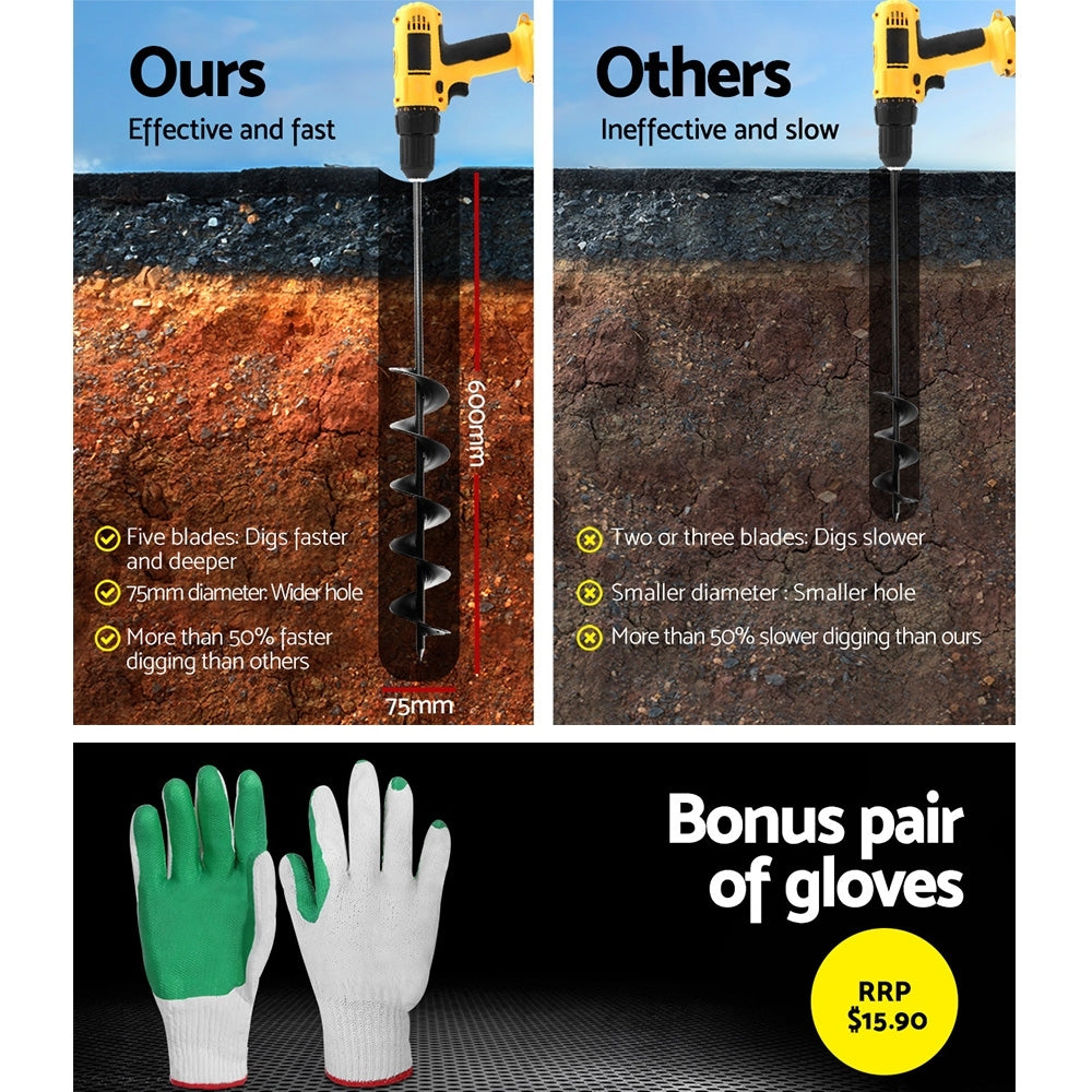 GIANTZ Power Garden Auger Small Earth Planter 75 X 600MM Black-4