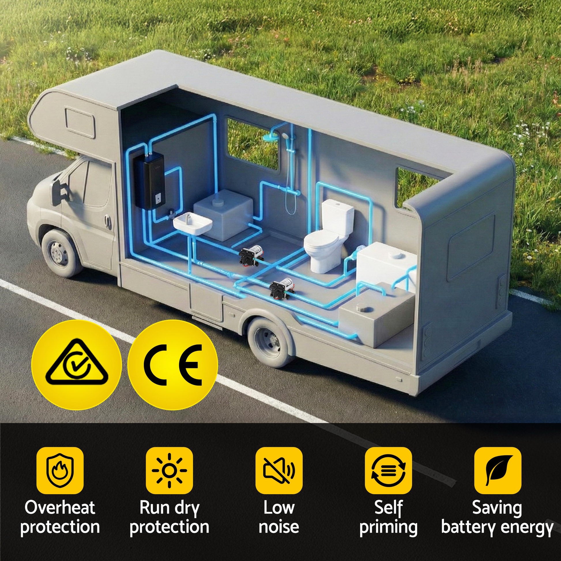 Giantz 12V DC Water Pump, 11.3LPM 55PSI 3 GPM Self-Priming RV Water Pressure Pump with Automatic Pressure Switch, for RV Marine Camping Yacht Garden Fresh Water Diaphragm, 2088-554-144 Replacement-3