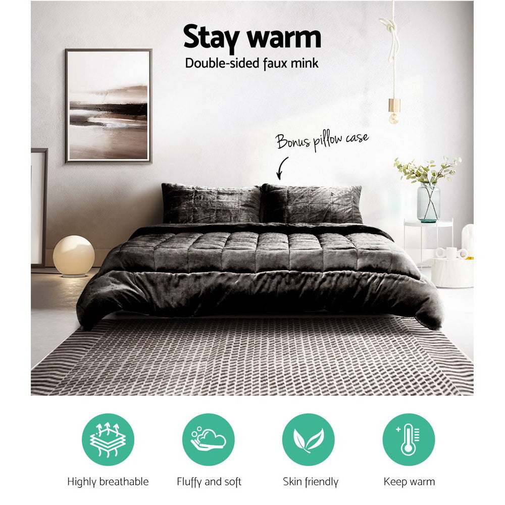 Giselle Bedding Faux Mink Quilt Charcoal Queen-2