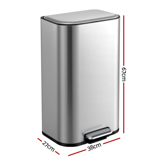 Cefito Kitchen Trash Can 40L Pedal Bins Rubbish Bin Steel with Soft Close Lid, Removable Inner Bucket, Rectangular Garbage Can Recycling Bin, Silver