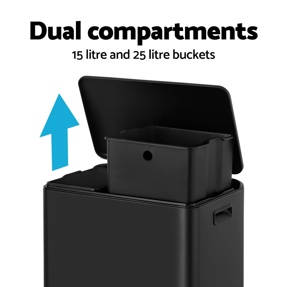 Cefito Pedal Bins Rubbish Bin Dual Compartment Waste Recycle Dustbins 40L Black-3