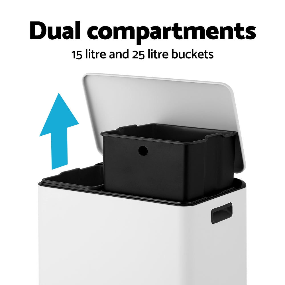 Cefito Pedal Bins Rubbish Bin Dual Compartment Waste Recycle Dustbins 40L White-3