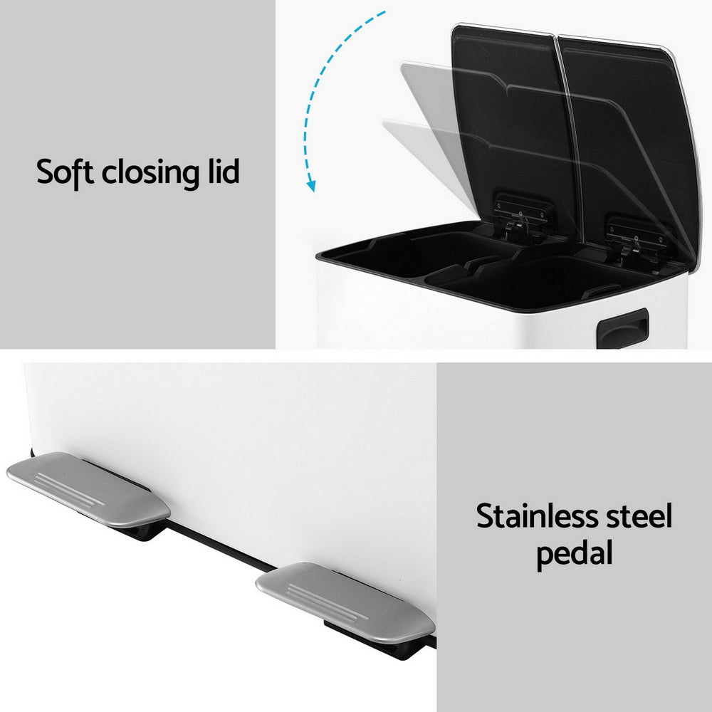 Cefito Pedal Bins Rubbish Bin Dual Compartment Waste Recycle Dustbins 40L White-5