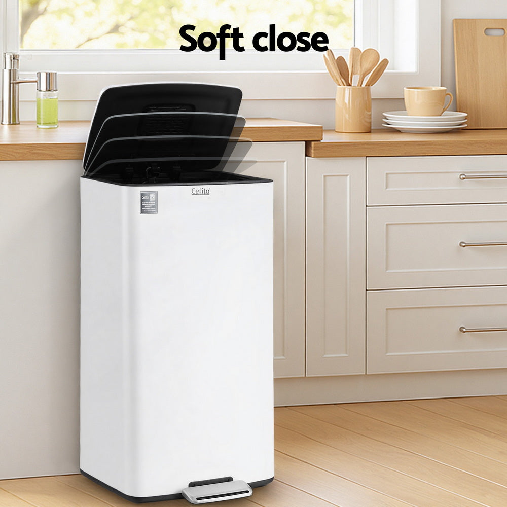 Cefito Pedal Bins Rubbish Bin Waste Recycle Dustbins Kitchen Trash Can 40L White-5