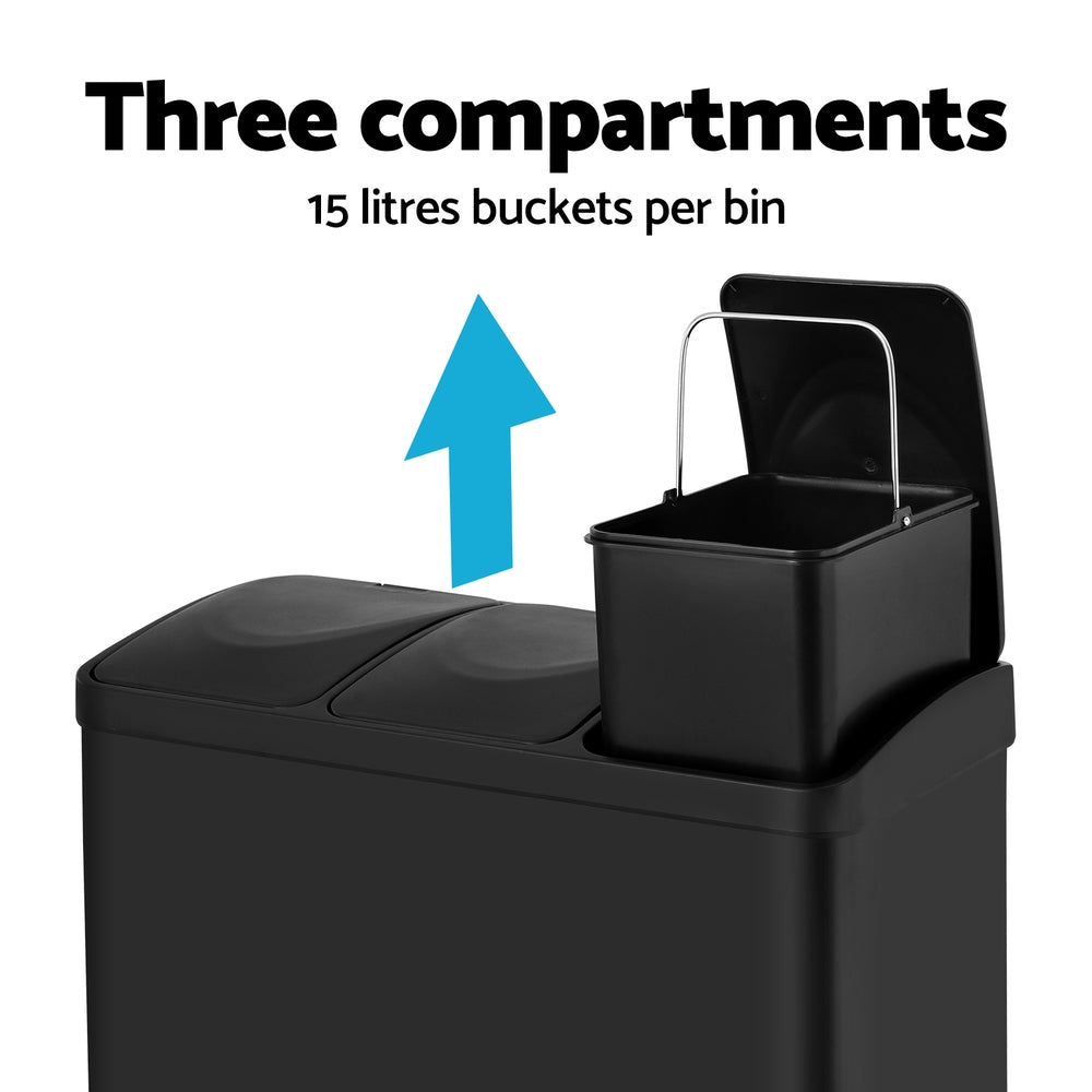 Cefito Pedal Bins Rubbish Bin Triple Compartments Waste Recycle Dustbins 45L-3