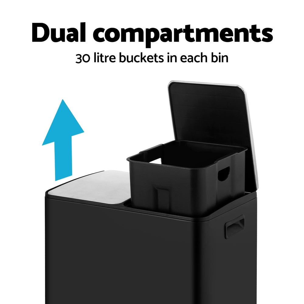 Cefito Pedal Bins Rubbish Bin Dual Compartment Waste Recycle Dustbins 60L Black-3