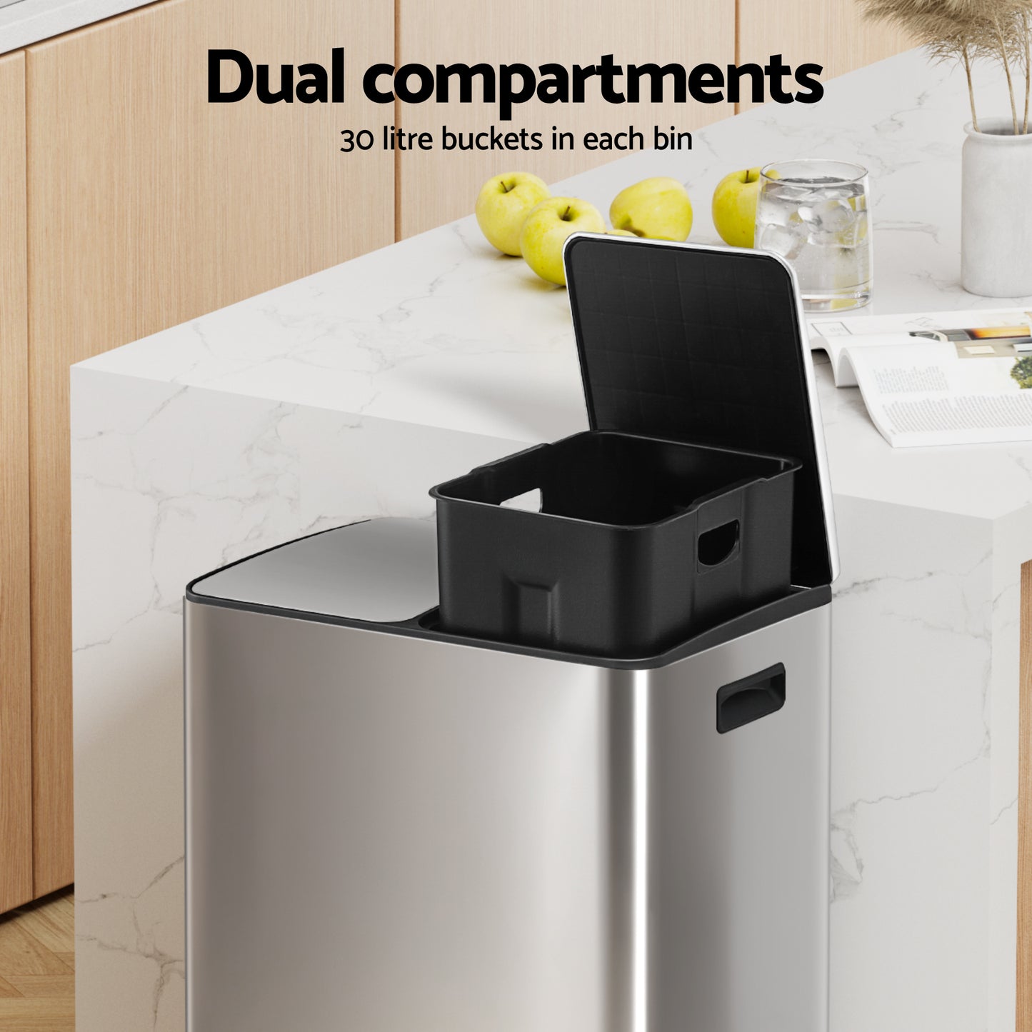 Cefito Pedal Bins Rubbish Bin Dual Compartment Waste Recycle Dustbins 60L Silver