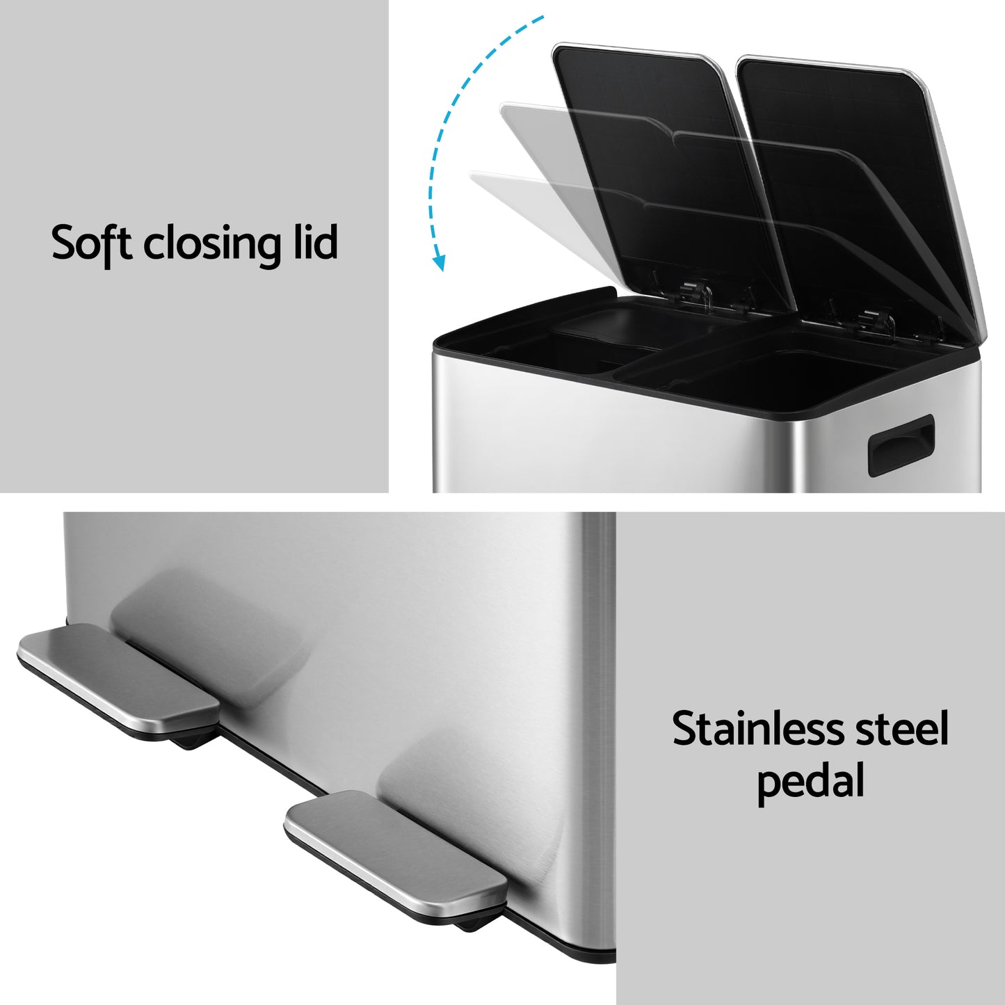 Cefito Pedal Bins Rubbish Bin Dual Compartment Waste Recycle Dustbins 60L Silver