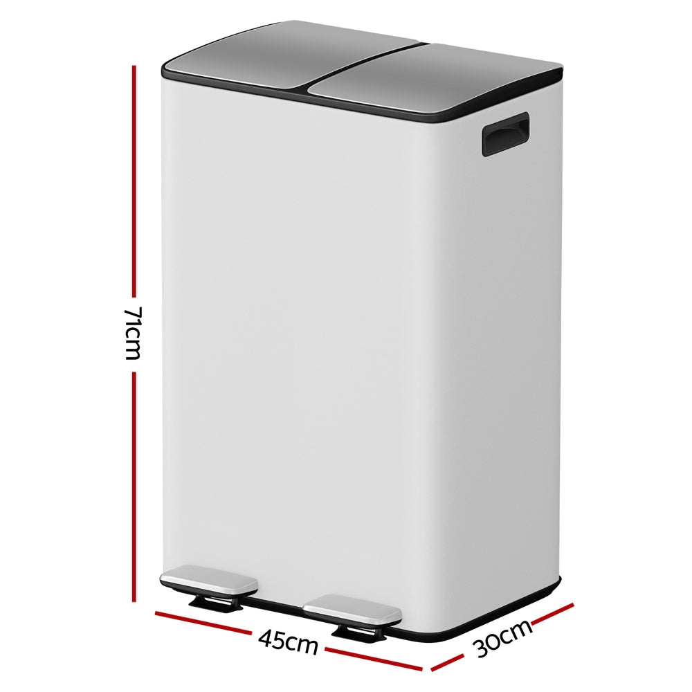 Cefito Pedal Bins Rubbish Bin Dual Compartment Waste Recycle Dustbins 60L White-1