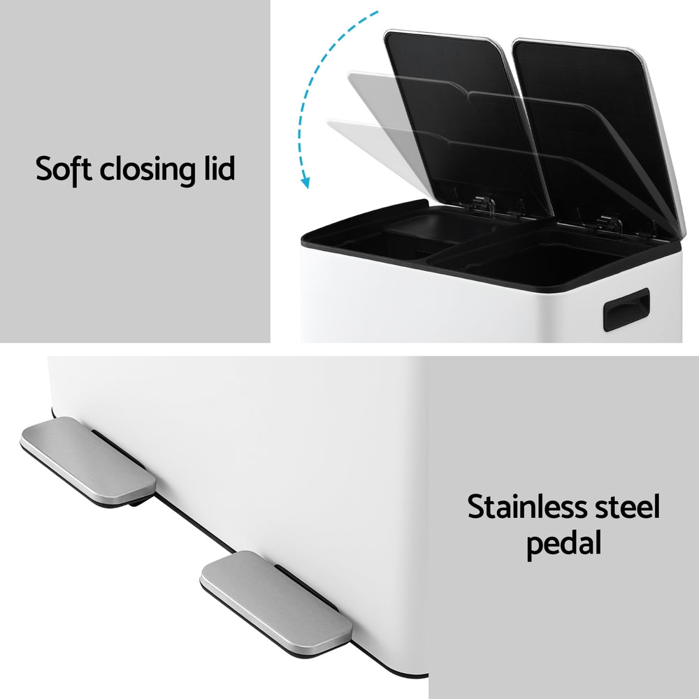 Cefito Pedal Bins Rubbish Bin Dual Compartment Waste Recycle Dustbins 60L White-5