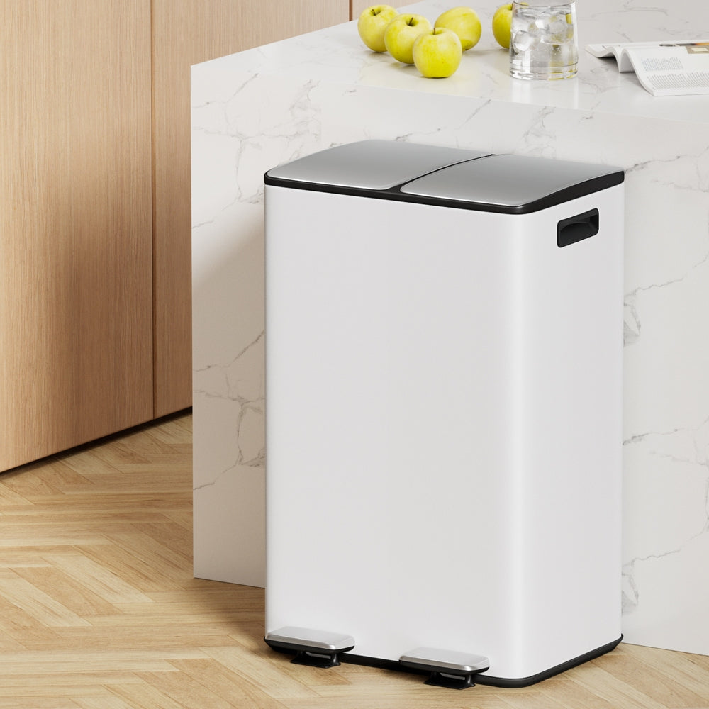 Cefito Pedal Bins Rubbish Bin Dual Compartment Waste Recycle Dustbins 60L White-6