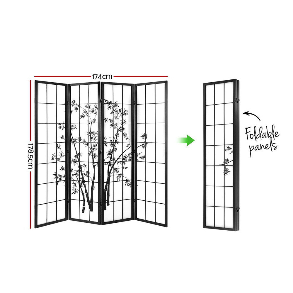 Artiss 4 Panel Room Divider Screen 174x179cm Bamboo Black White-1