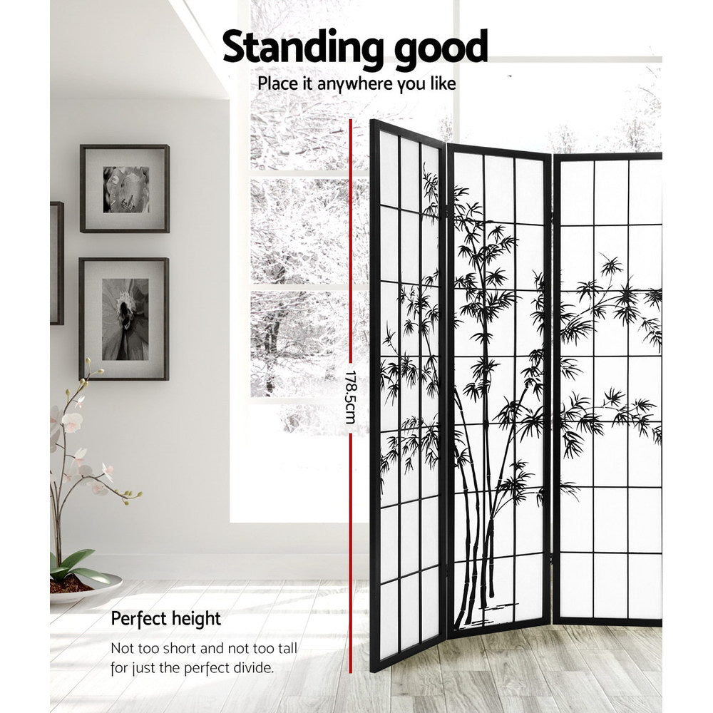 Artiss 4 Panel Room Divider Screen 174x179cm Bamboo Black White-3