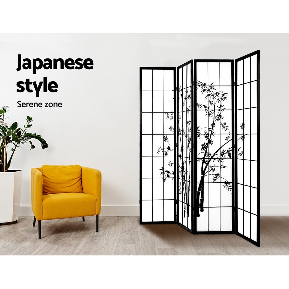 Artiss 4 Panel Room Divider Screen 174x179cm Bamboo Black White-4