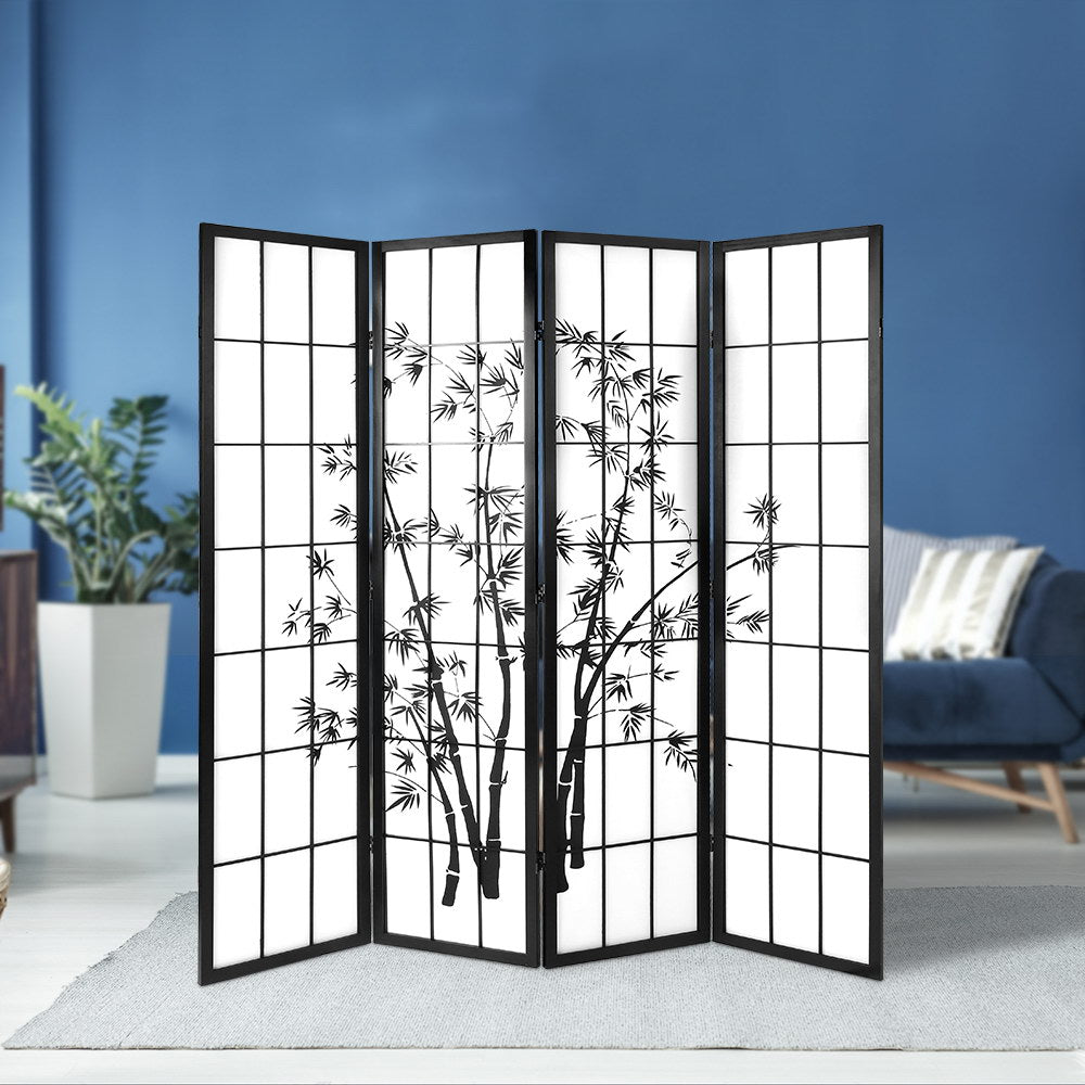 Artiss 4 Panel Room Divider Screen 174x179cm Bamboo Black White-6