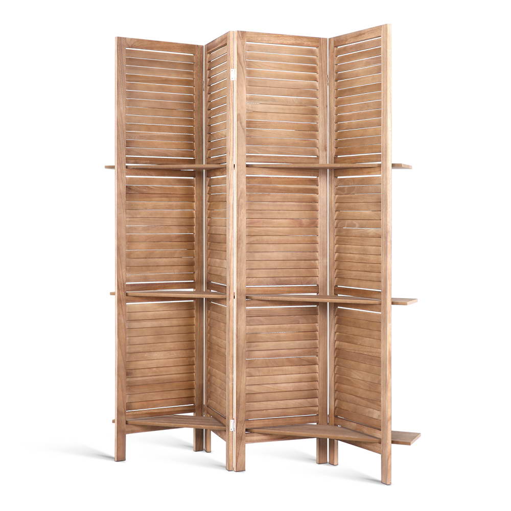 Artiss 4 Panel Room Divider Screen 163x170cm Shelf Oak-0