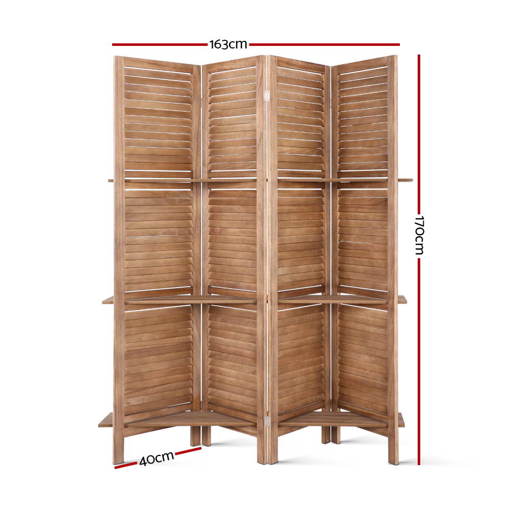 Artiss 4 Panel Room Divider Screen 163x170cm Shelf Oak-1